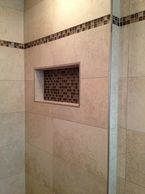 custom large format tile shower tampa florida niche no curb linear drain
